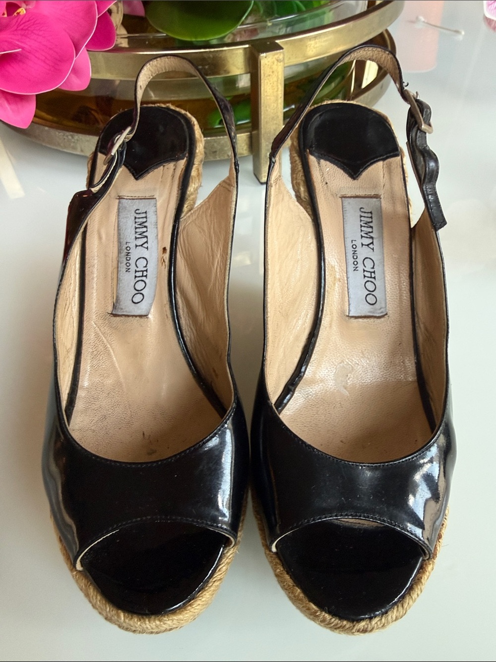 Jimmy Choo Black Patent Leather Espadrille Peep-Toe Slingbacks 38 euro